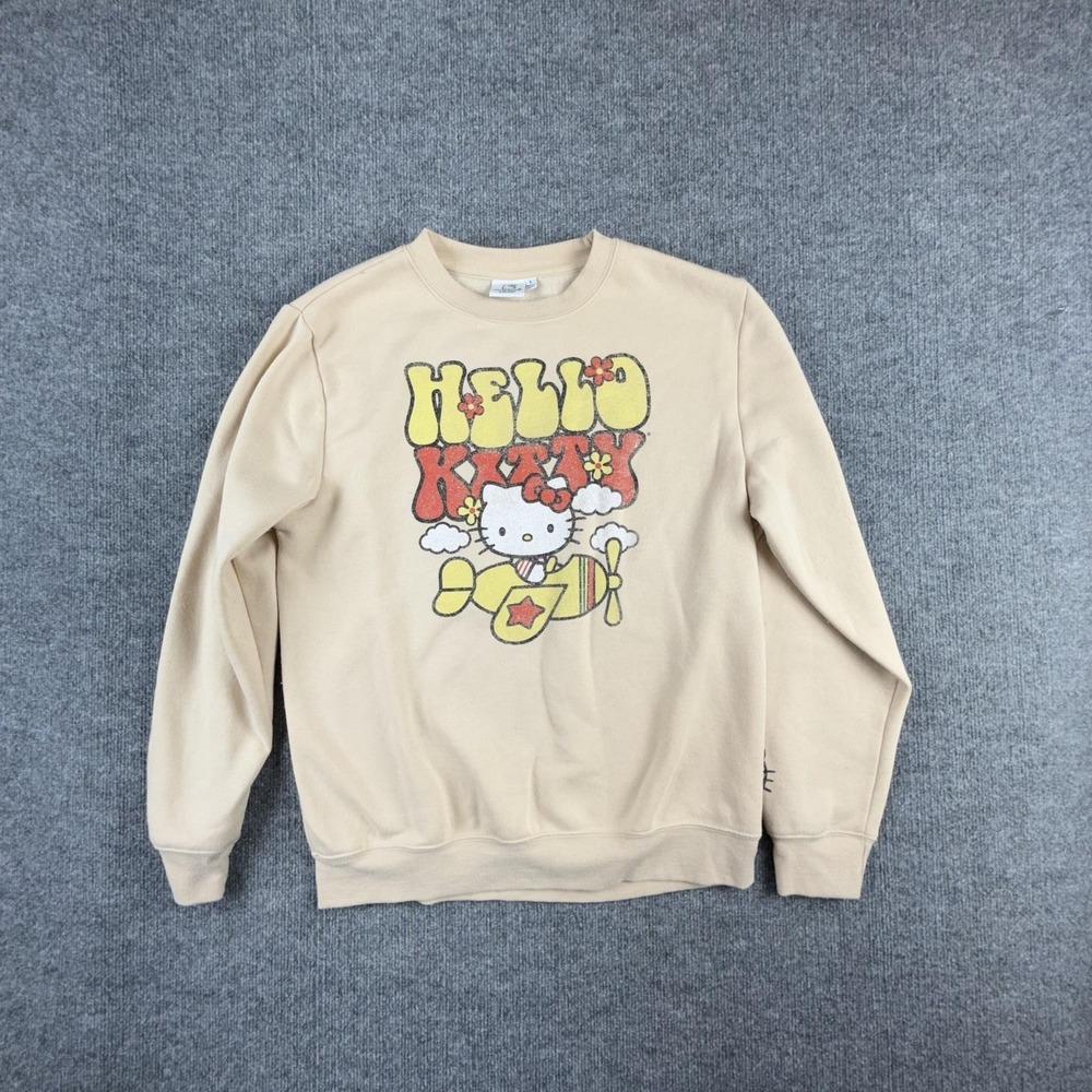 Hello Kitty By Sanrio‎ Sweatshirt Womens Large Beige Graphic Glitter Pullover